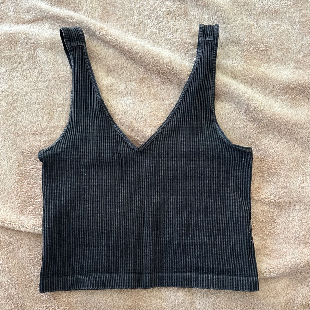 Nikibiki Charcoal Ribbed V-Neck Cropped Tank Top